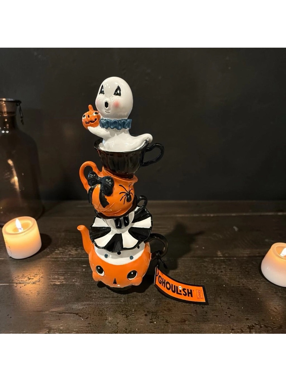 Ghoulish Halloween Stacked Teacup Figurine - Ghost & Pumpkin